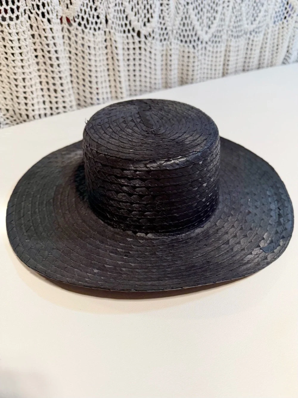 VINTAGE Gibson Girl style black woven straw hat wide brim 50s 60s sun hat church - Picture 4 of 8